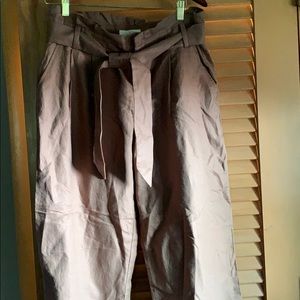 Wide leg paper bag waist linen ankle slacks